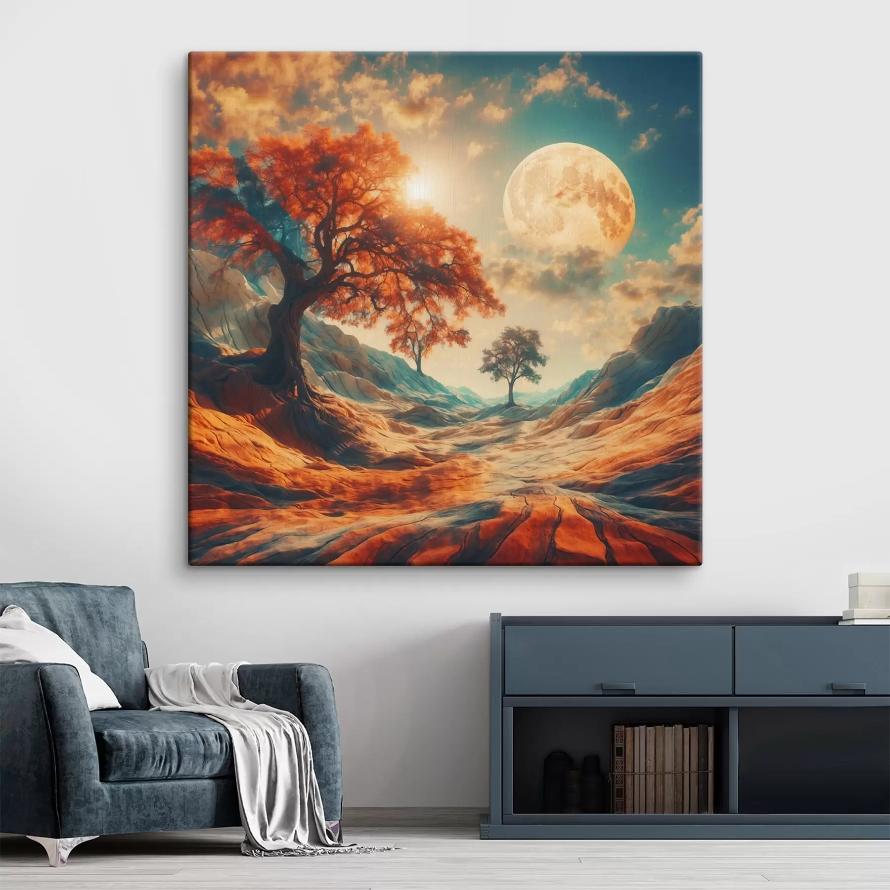 Wandbilder Bäume und Berge auf riesigem Mondhintergrund s41774