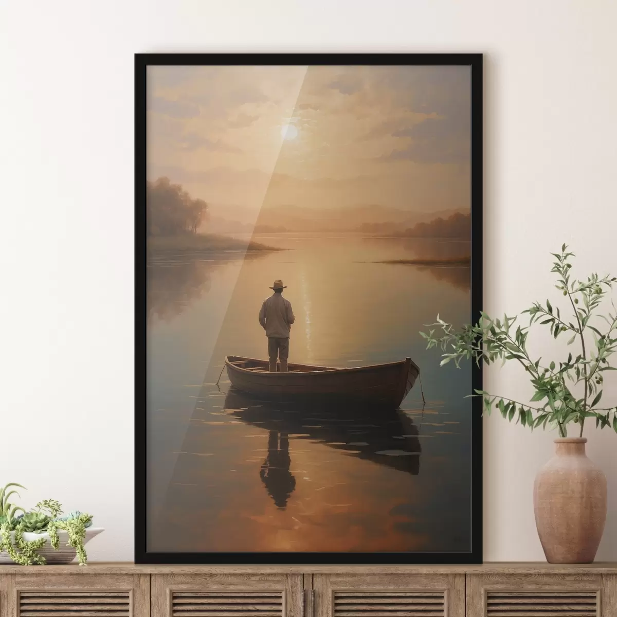 Poster Mann in einem Boot in der Mitte eines Sees f41770