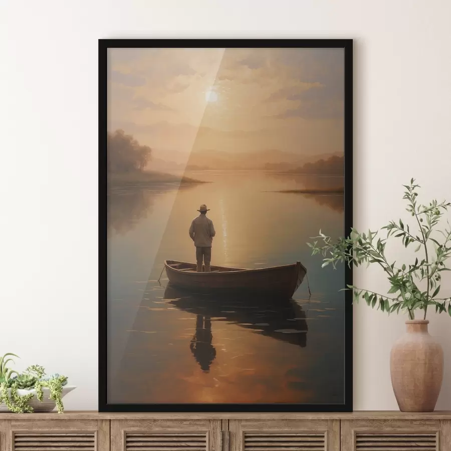 Fototapete Mann in einem Boot in der Mitte eines Sees f41770