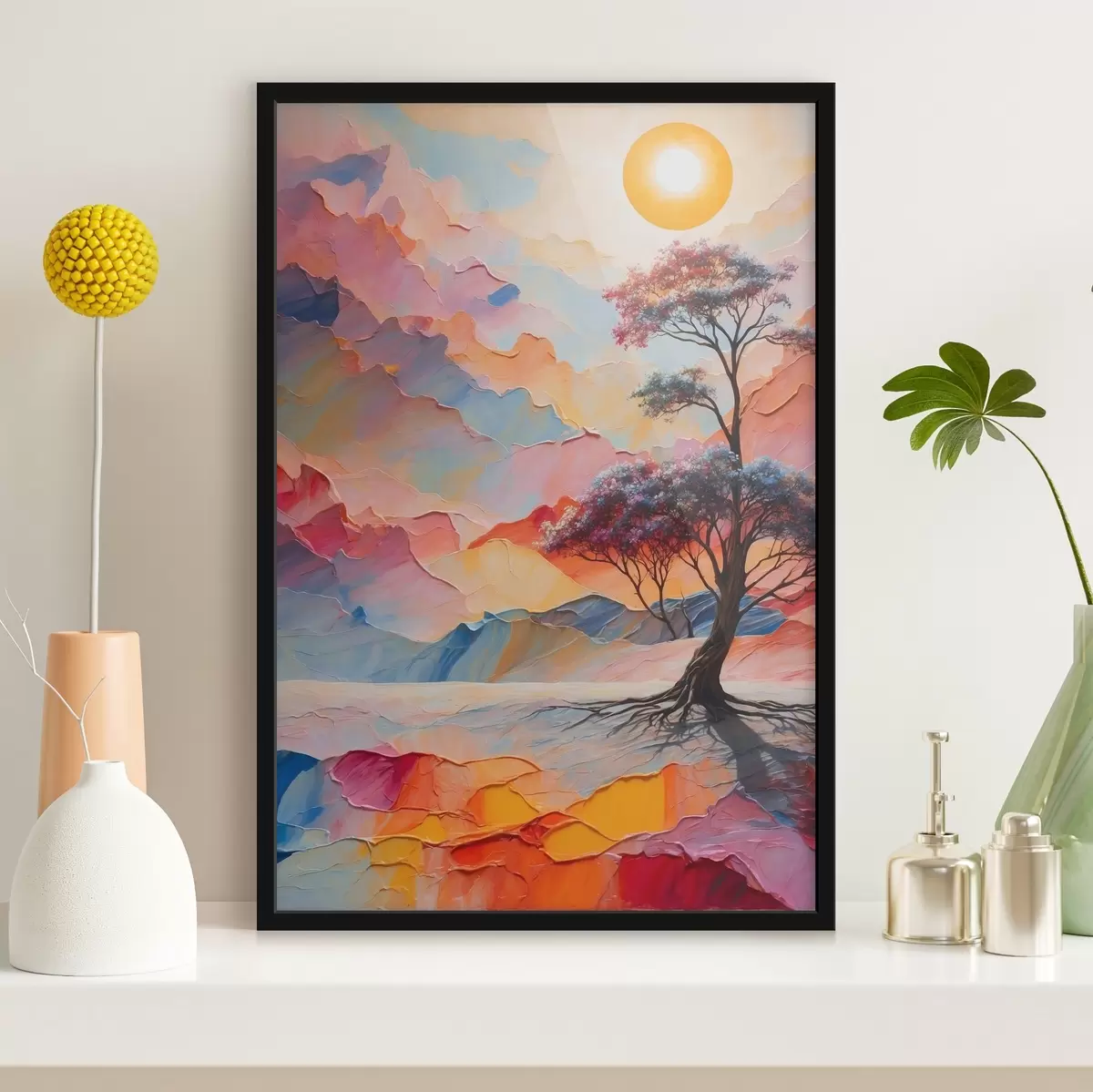 Poster Baum und Sonne auf abstraktem Hintergrund im Acryl-Stil f41771