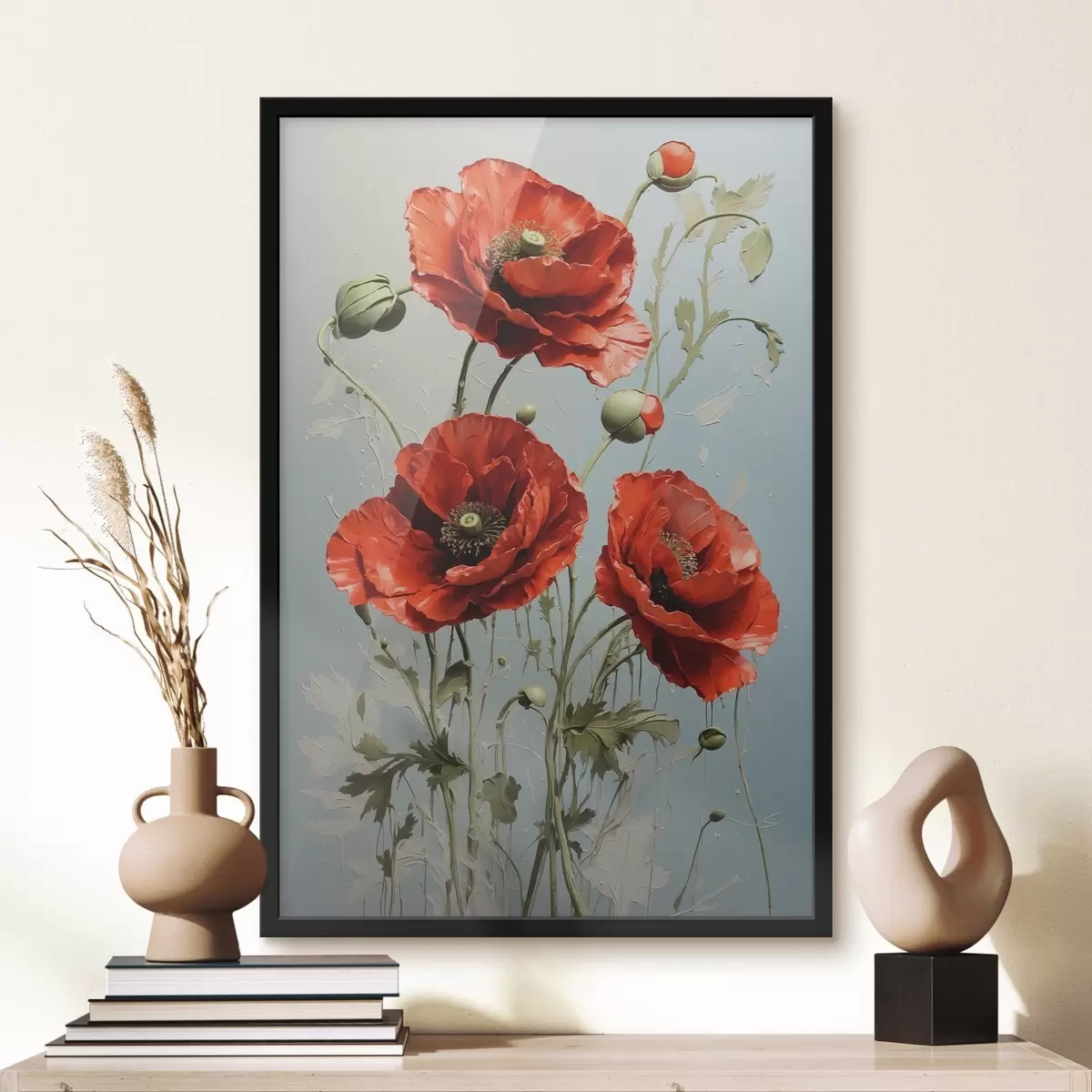 Poster Mohnblumen auf blauem Hintergrund f41773