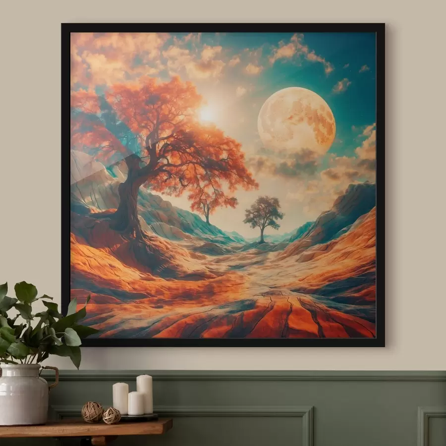 Fototapete Bäume und Berge auf riesigem Mondhintergrund f41774