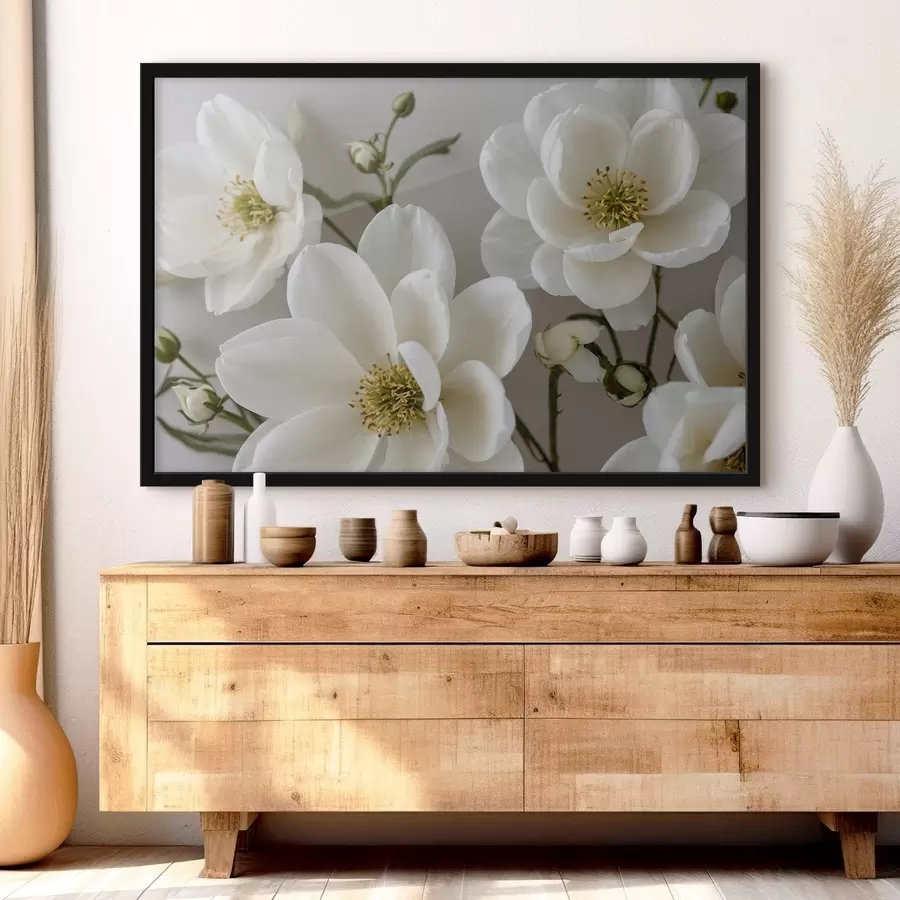 Fototapete Weiße Blumen und Stängel auf hellem Hintergrund f42097