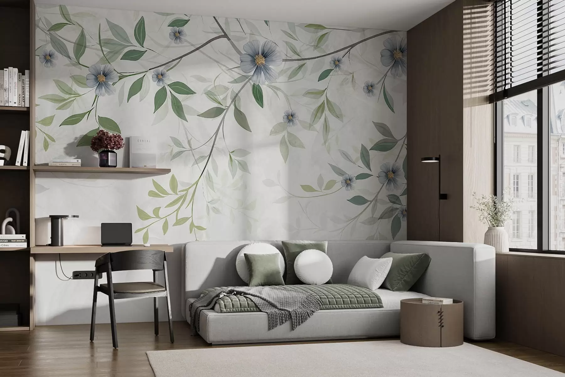 Fototapete Zweige mit grünen Blättern und blauen Blüten w00316