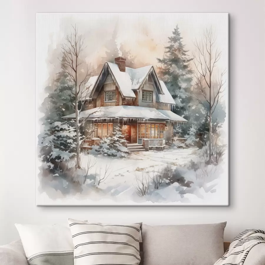 Wandbilder Haus in einem verschneiten Wald Nachahmung von Aquarell s42137