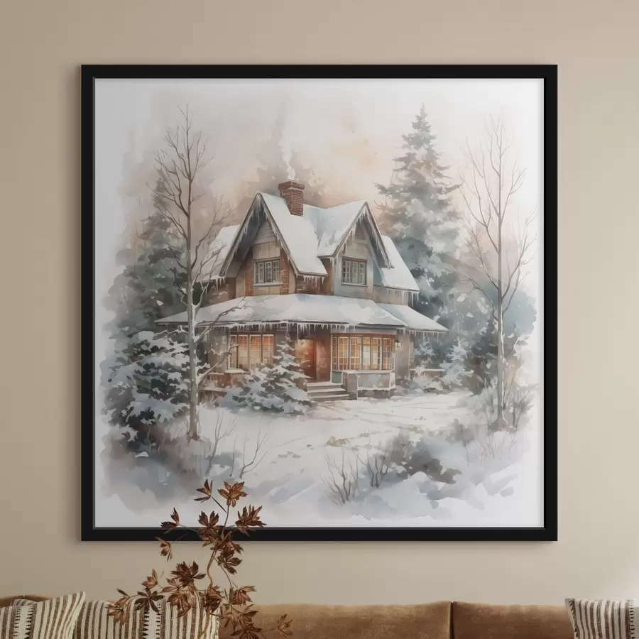 Fototapete Haus in einem verschneiten Wald Nachahmung von Aquarell f42137