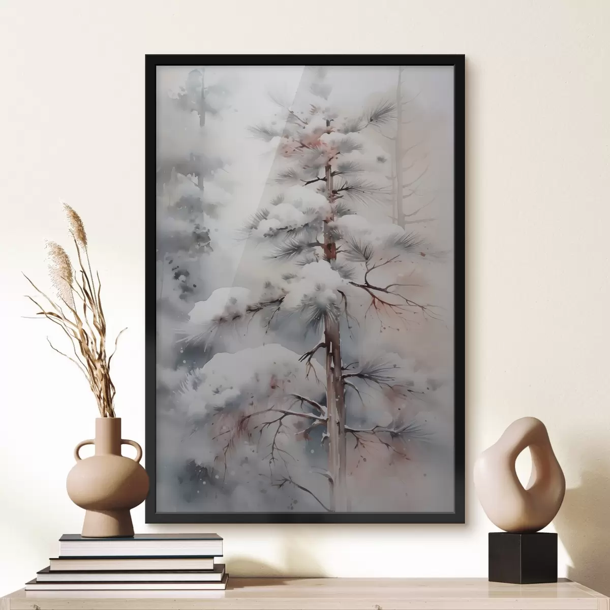 Poster Baum in verschneitem Wald Nachahmung von Aquarell f42139