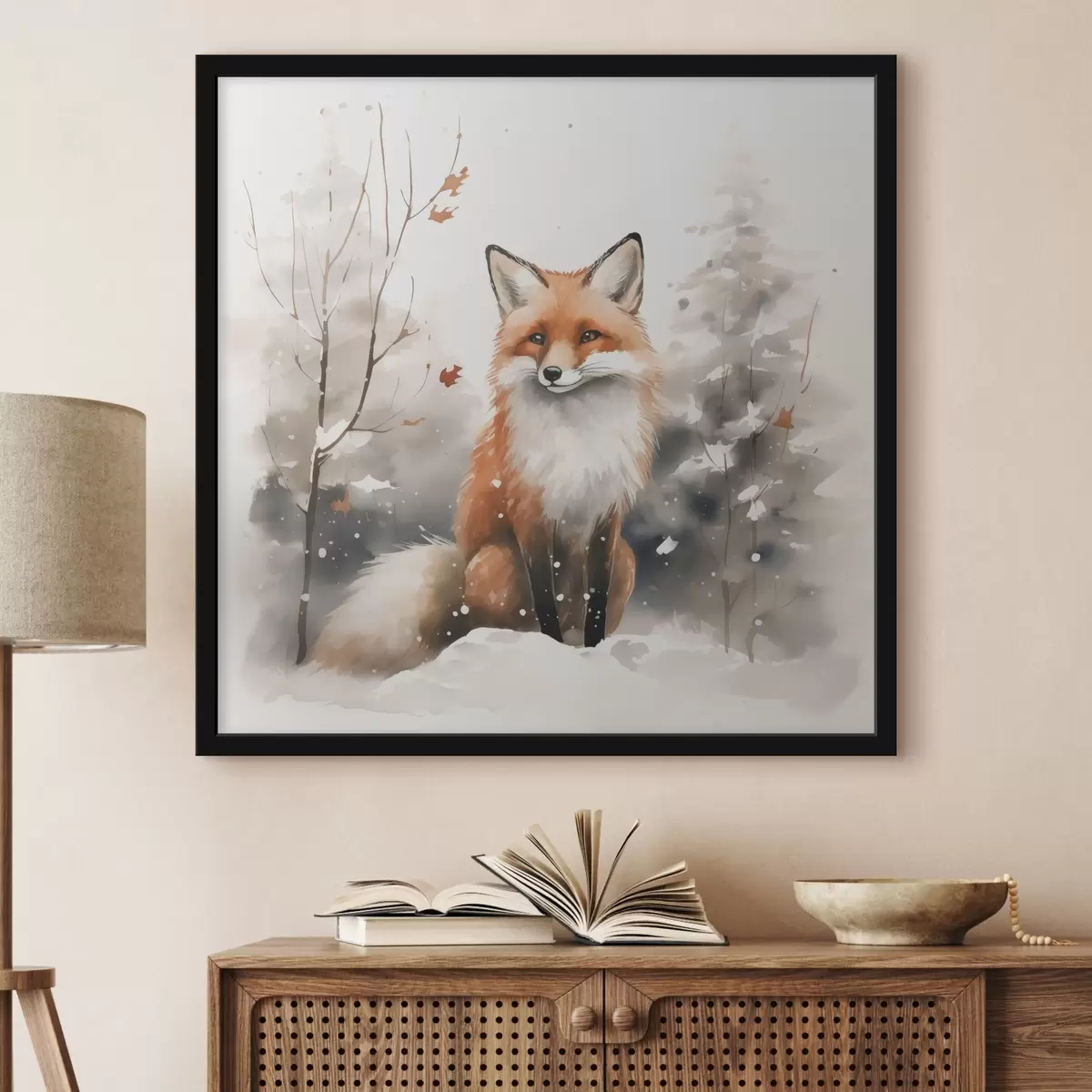 Poster Fuchsjunges in einem verschneiten Wald Nachahmung von Aquarell f42146