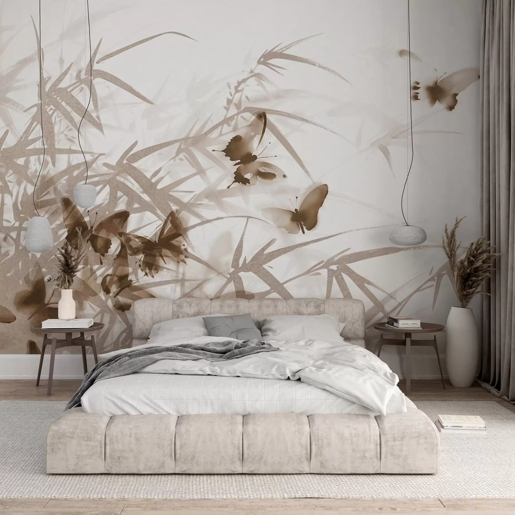 Fototapete Texturierte Bambusblätter und -stängel mit fliegenden braunen Schmetterlingen mit transparenten Flügeln w08524v1