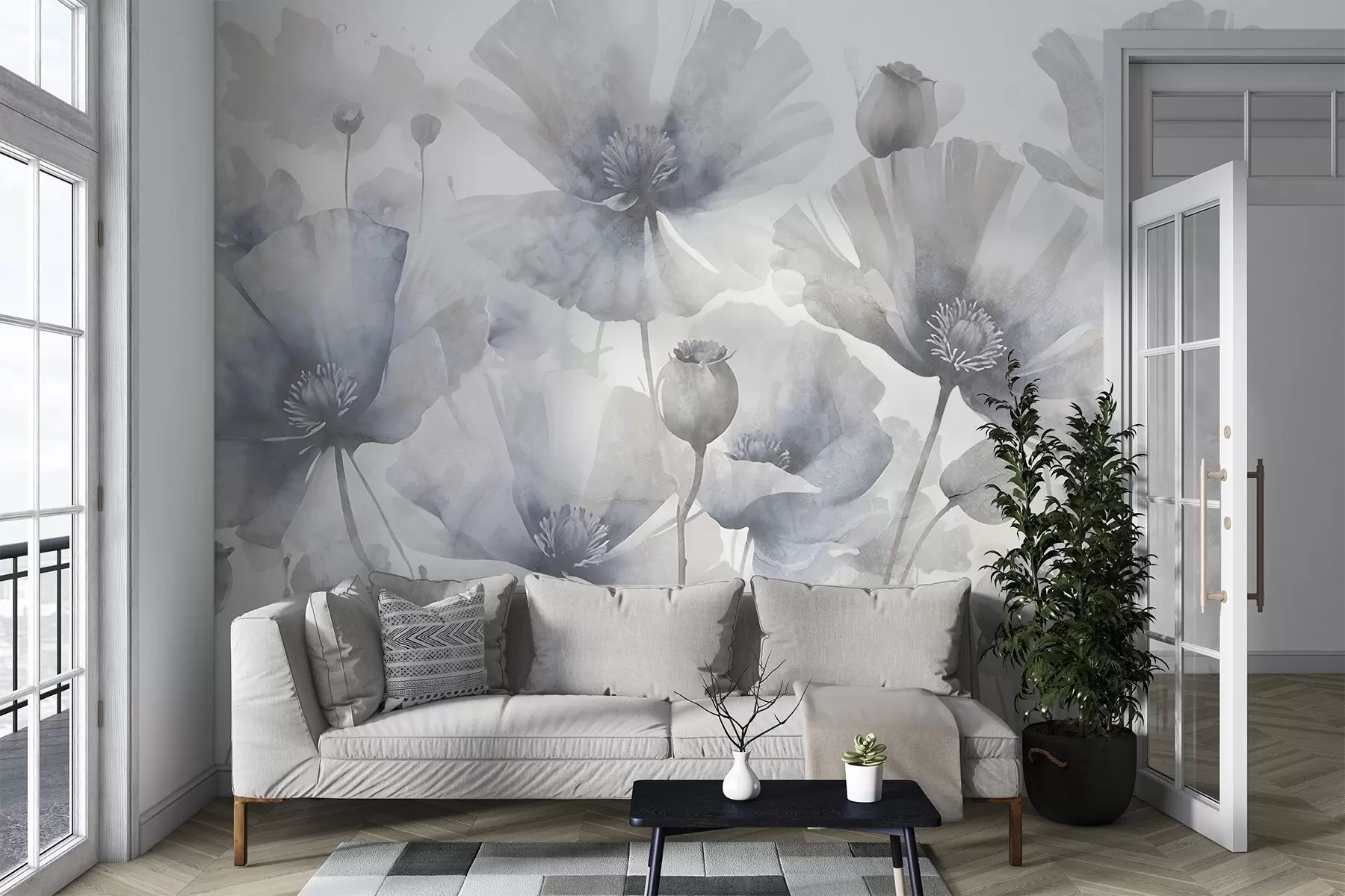 Fototapete Zarte, graue und weiße Grunge-Blumen mit weichen, verschwommenen Blütenblättern vor einem weißen Hintergrund w08526