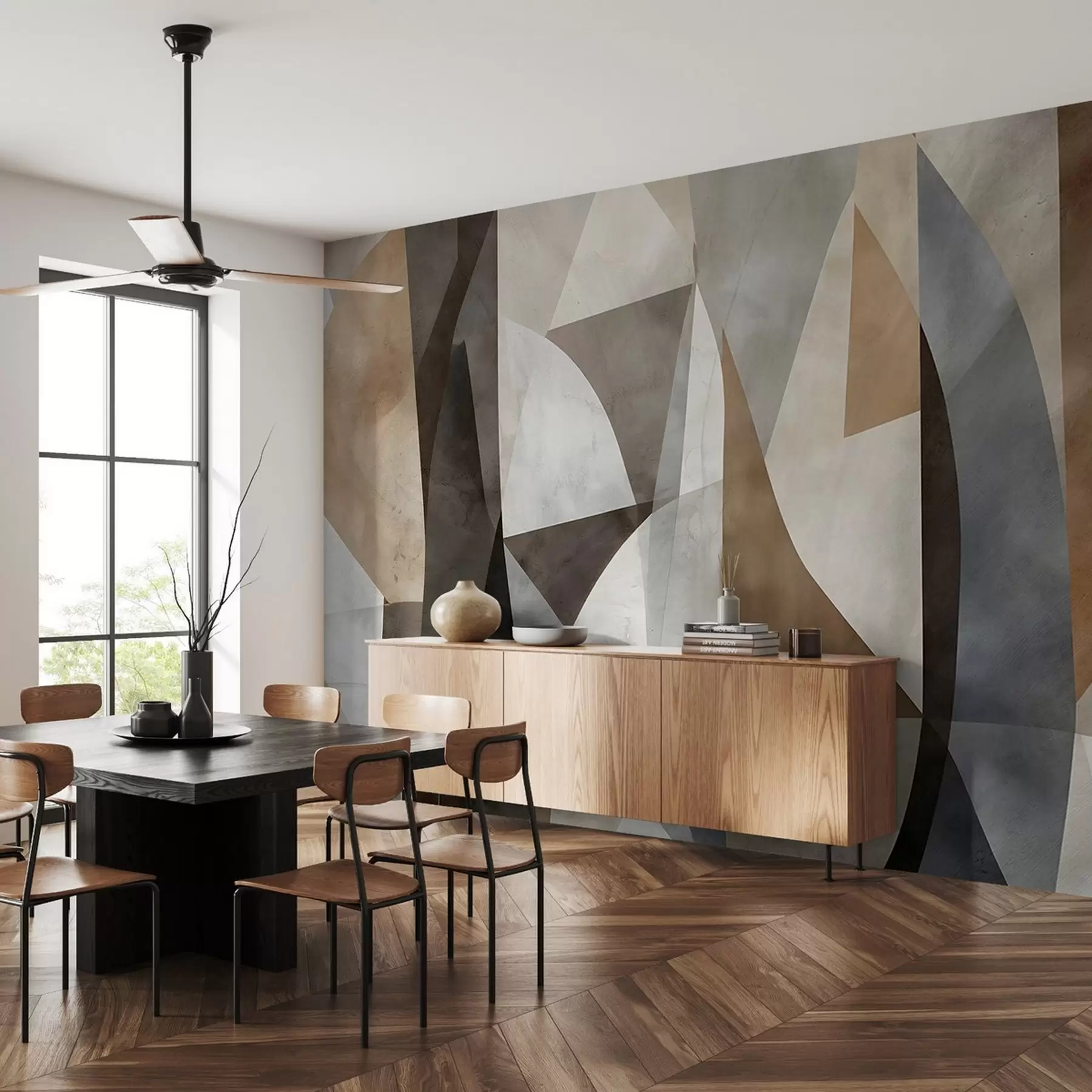 Fototapete Abstrakte moderne Kunst texturierte geometrische Formen in Braun-, Grau- und Beigetönen w08530