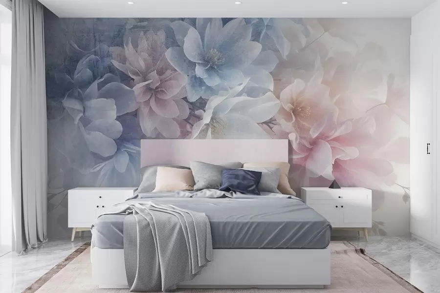 Fototapete Weiches, pastellfarbenes, strukturiertes Blumenarrangement mit großen, zarten Blüten in Rosa-, Blau- und Weißtönen w08535