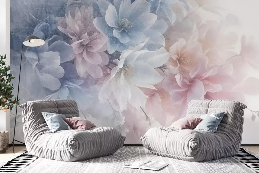 Fototapete Weiches, pastellfarbenes, strukturiertes Blumenarrangement mit großen, zarten Blüten in Rosa-, Blau- und Weißtönen w08535