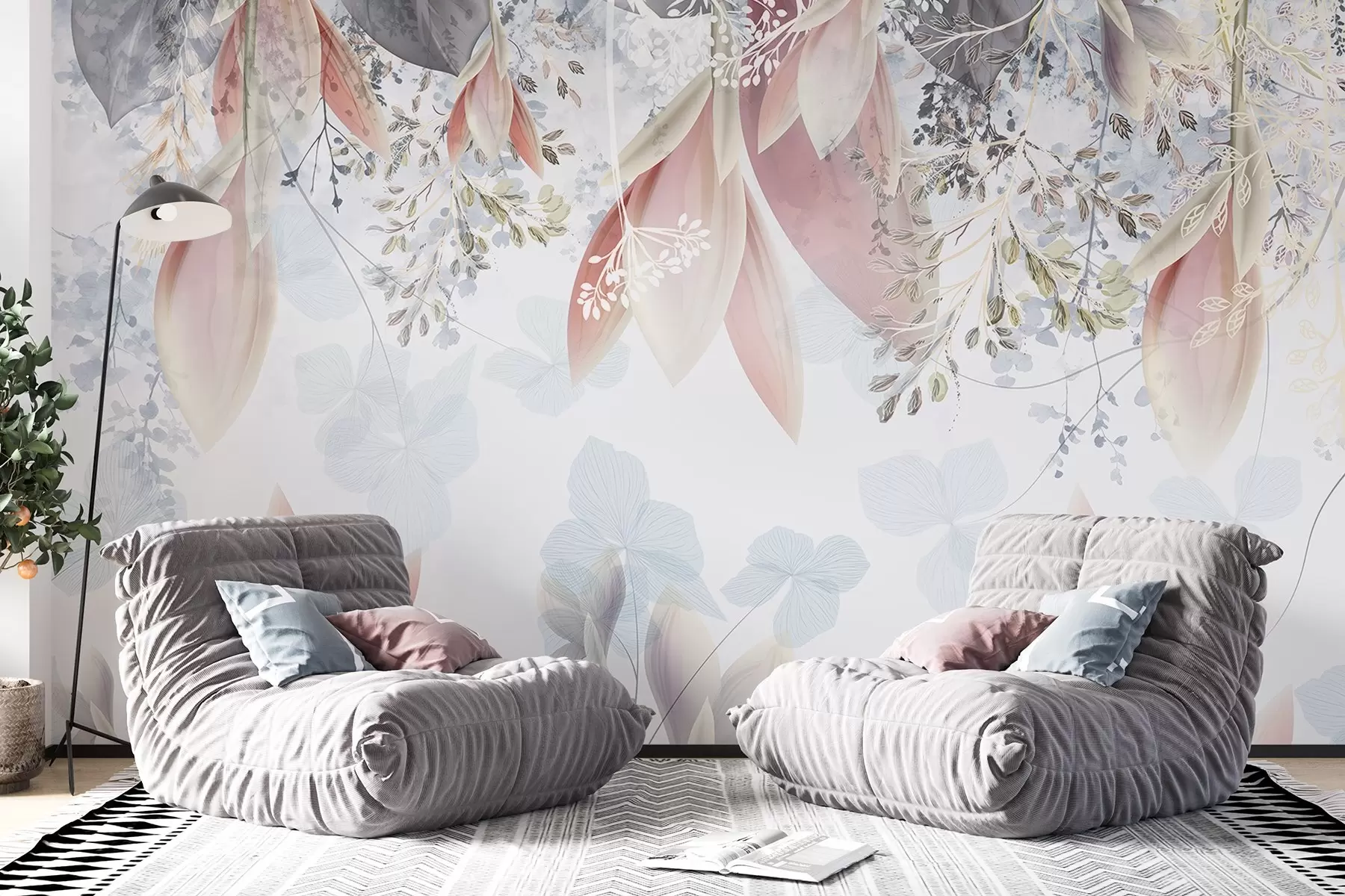 Fototapete Weicher, pastellfarbener Blumendruck mit zarten Blütenblättern und Blättern in Rosa-, Weiß- und Grautönen w08538