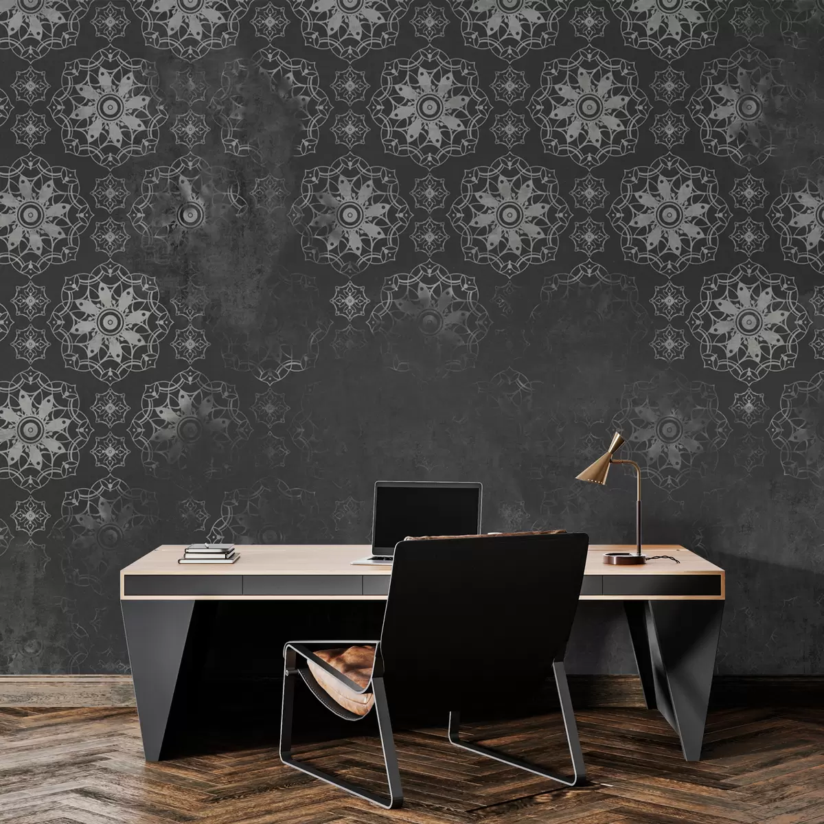 Fototapete Vintage-Design mit Mandala-Elementen und Used-Effekt in Grau w02551v1