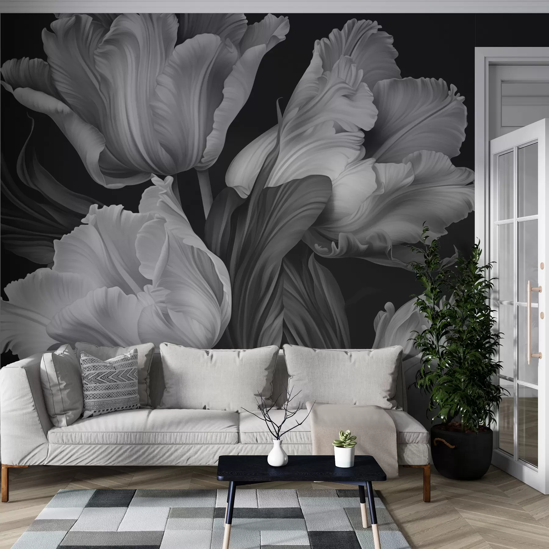 Fototapete Schwarze und weiße Tulpen im fotorealistischen Stil w02557