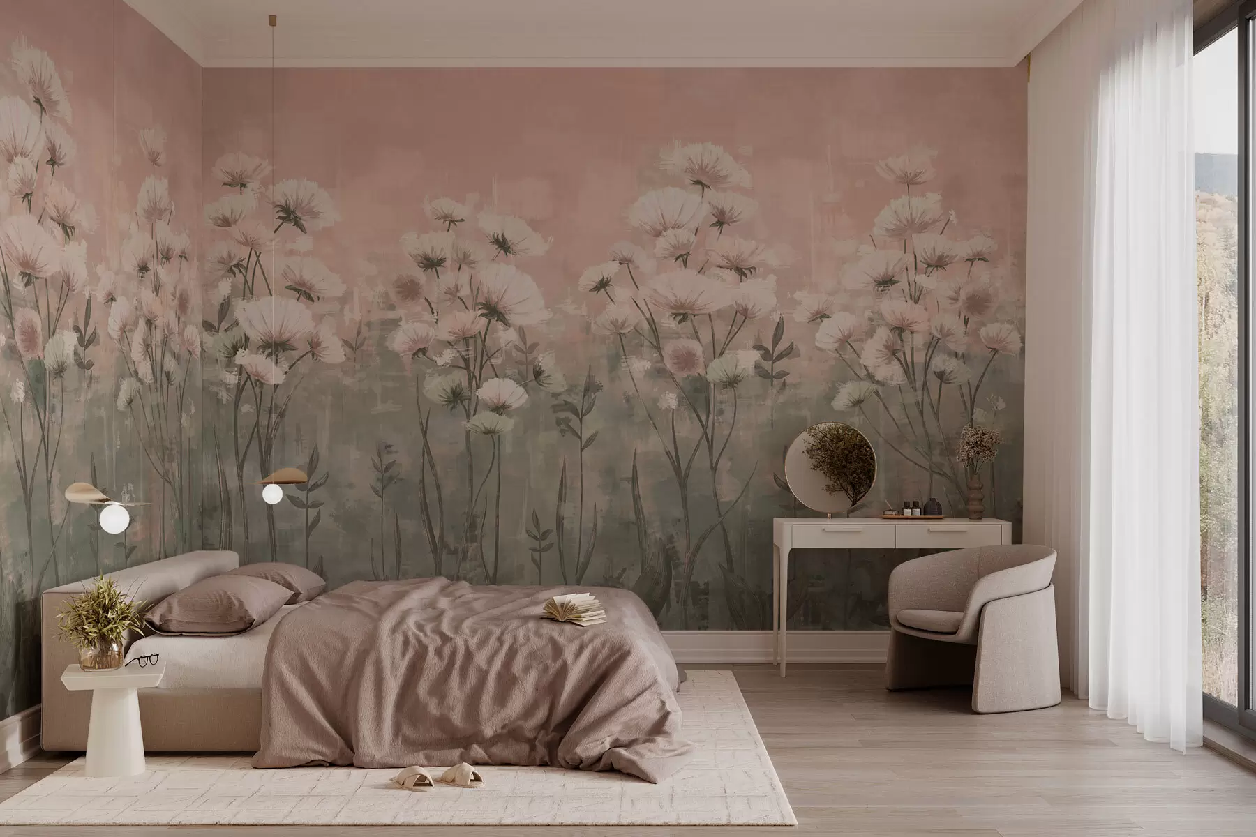 Fototapete Zarte Wildblumen mit Pinselstricheffekt in Rosa w02629