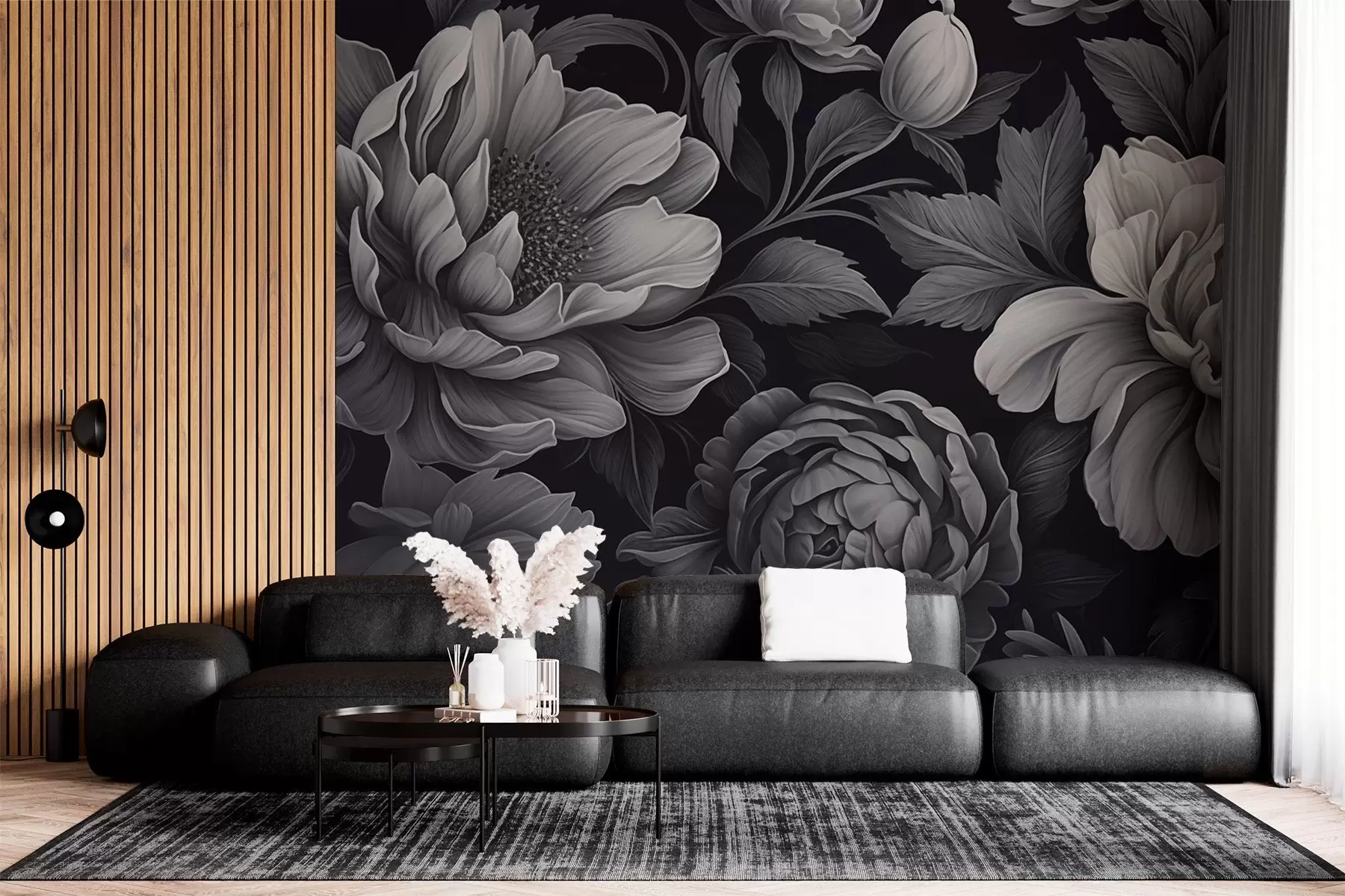 Fototapete Schwarze und graue Blumen auf einem dunklen Hintergrund w02575