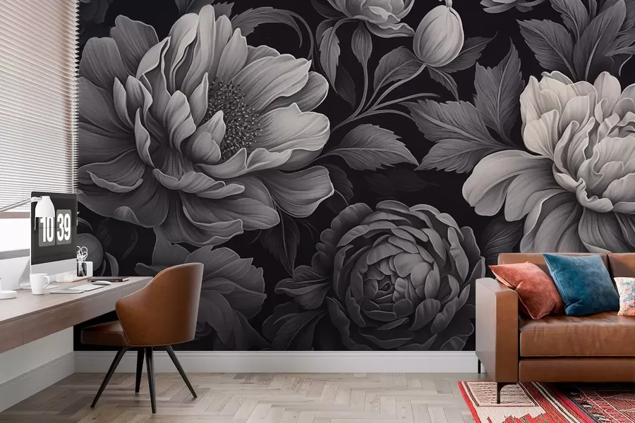 Fototapete Schwarze und graue Blumen auf einem dunklen Hintergrund w02575