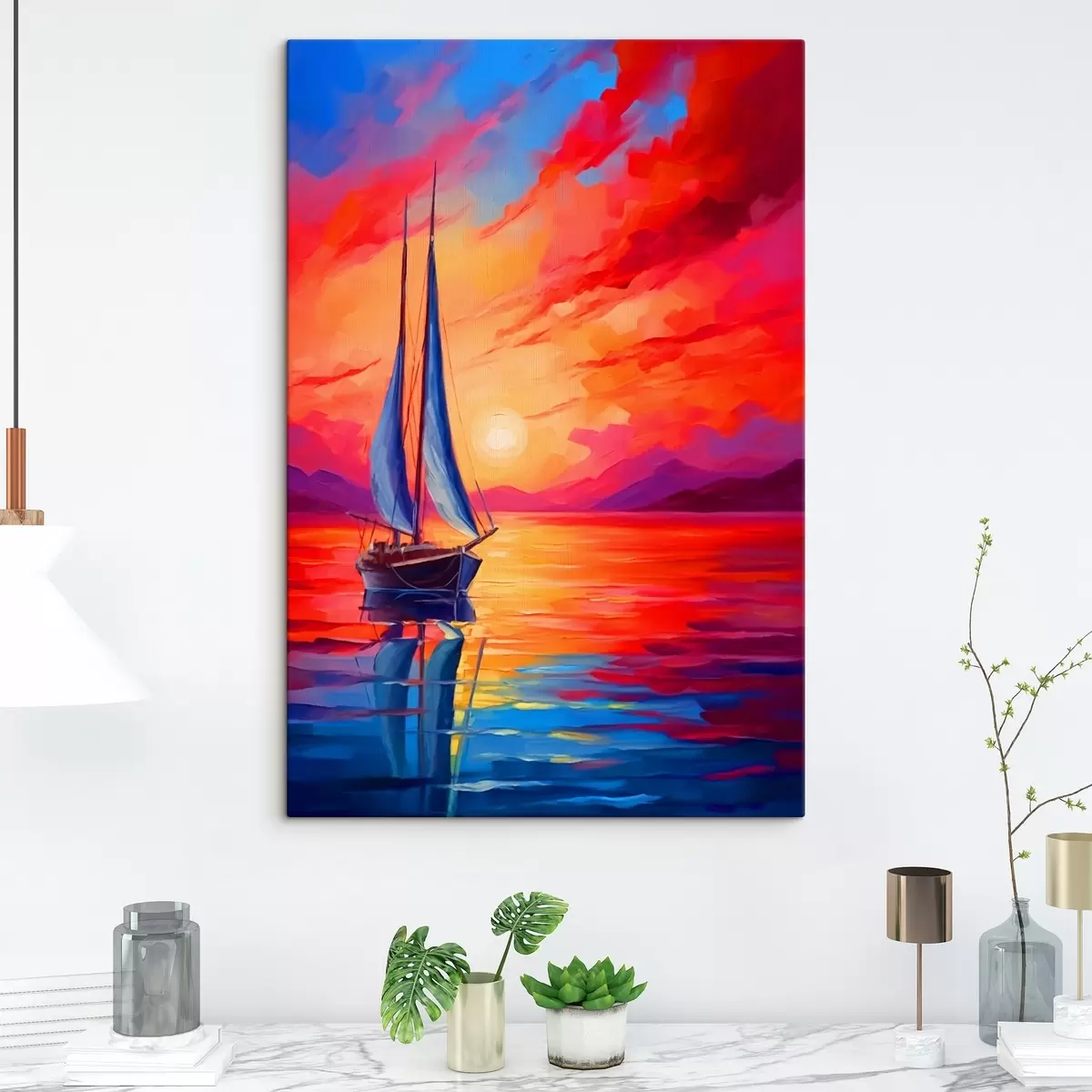 Wandbilder Segelboot auf dem Hintergrund eines hellen Sonnenuntergangs s42151