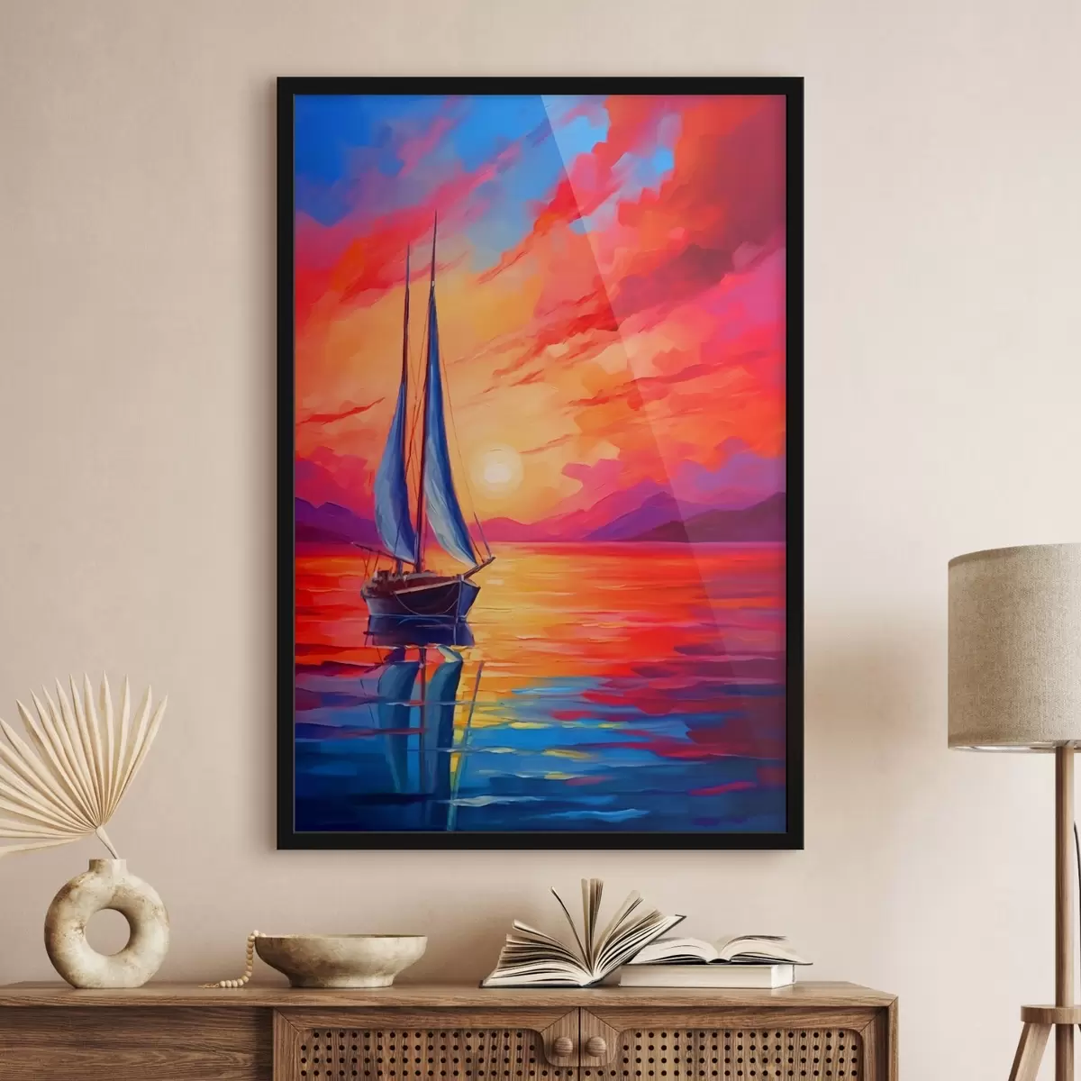 Poster Segelboot auf dem Hintergrund eines hellen Sonnenuntergangs f42151