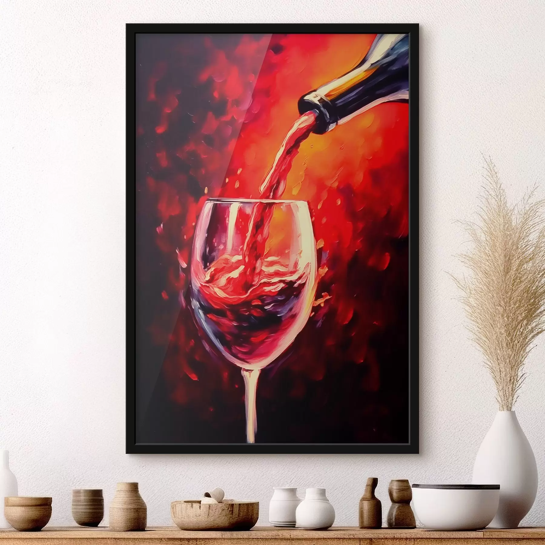 Wandbilder Rotwein in einem Glas vor dem Hintergrund des Feuerscheins f42162