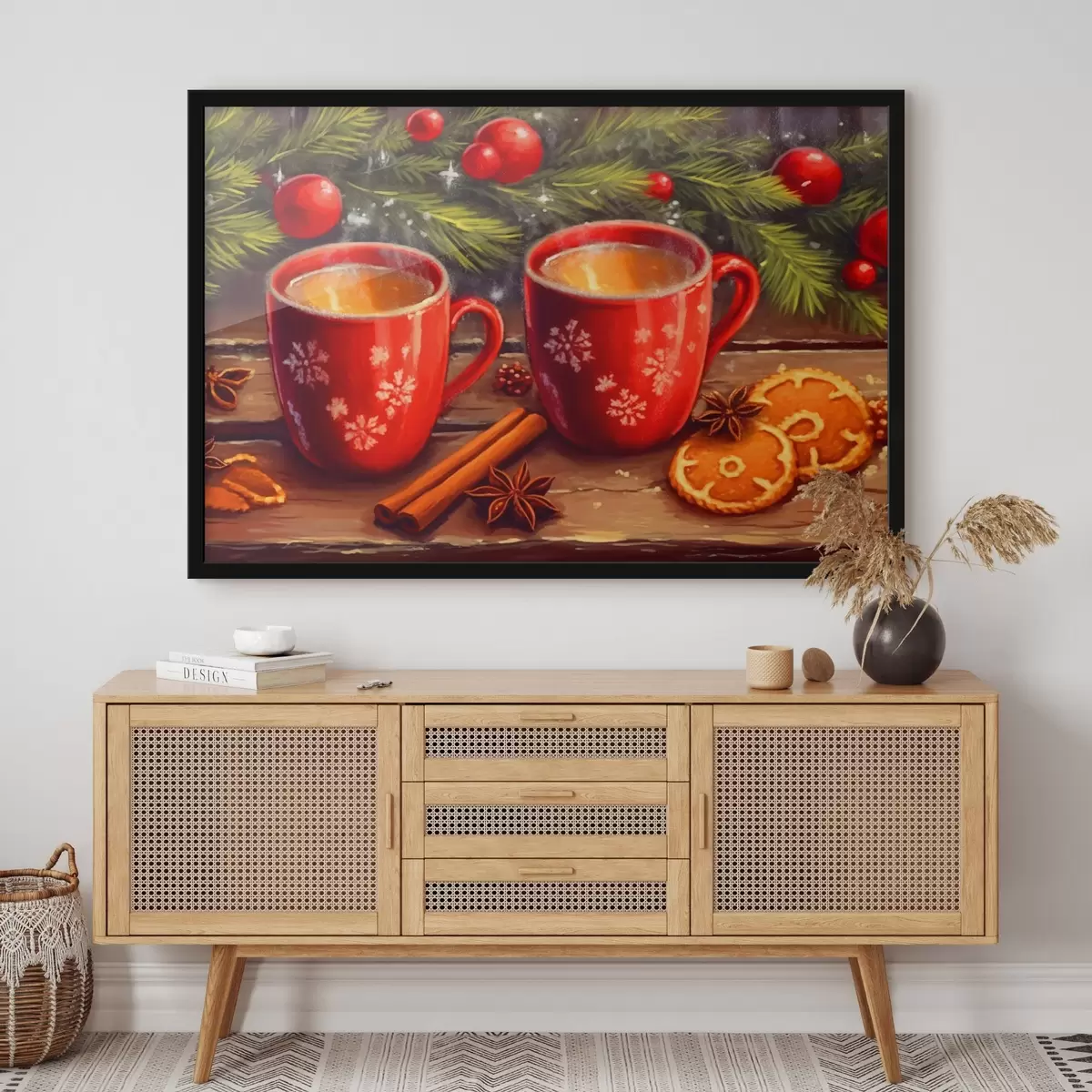 Poster Tassen Tee zwischen festlichen Zweigen f42164