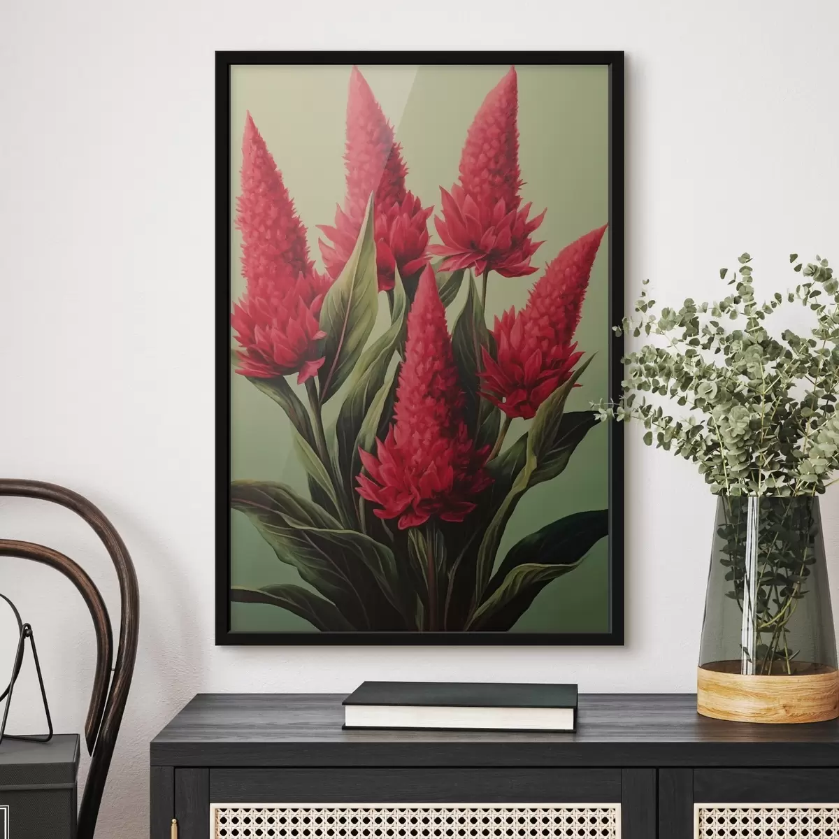 Poster Rote Blumen auf grünem Hintergrund f42166