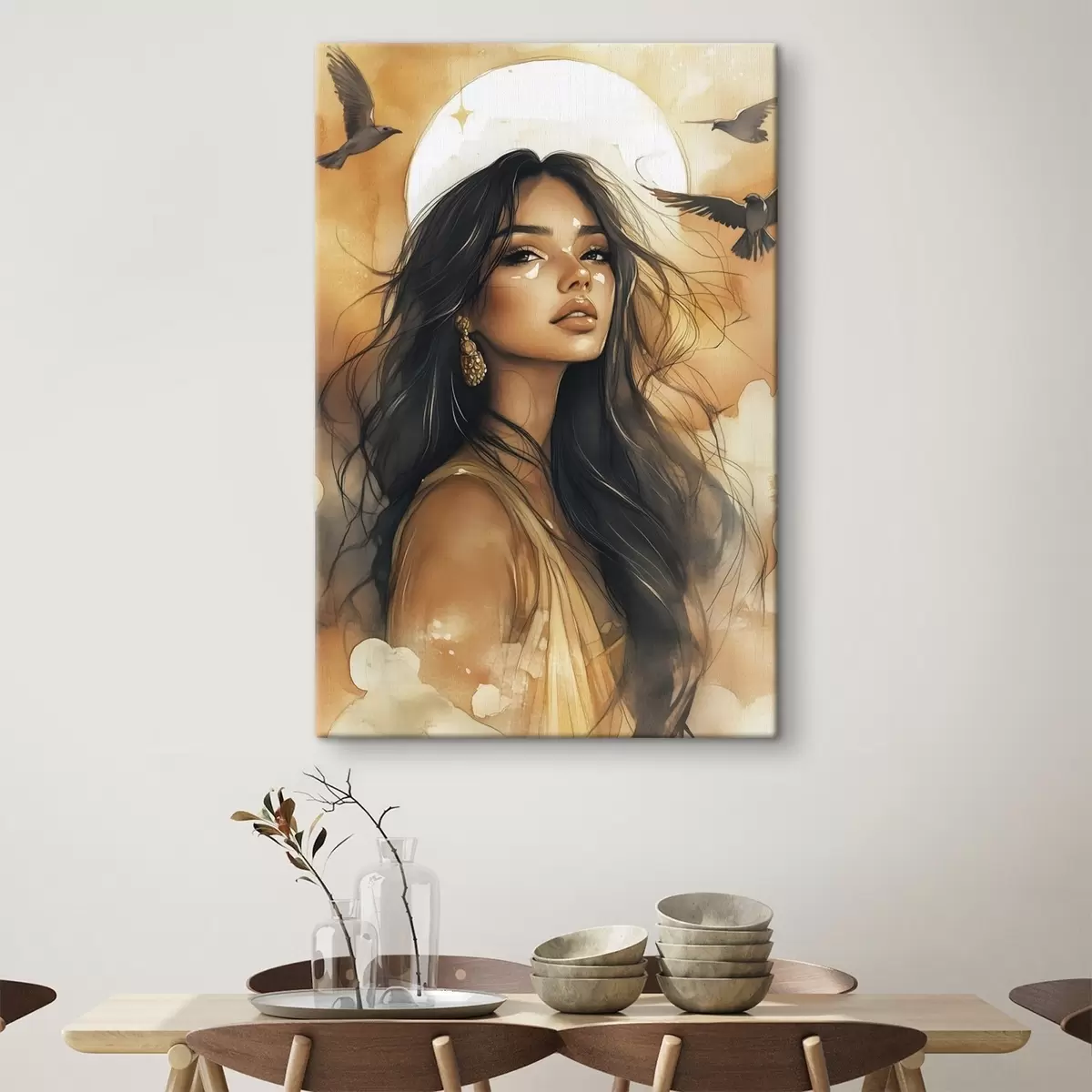 Wandbilder Frau mit fliegenden Vögeln, Tribal, beige Farben, Sonne s42196