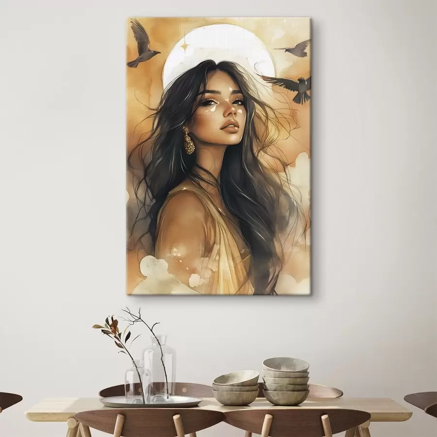 Wandbilder Frau mit fliegenden Vögeln, Tribal, beige Farben, Sonne s42196