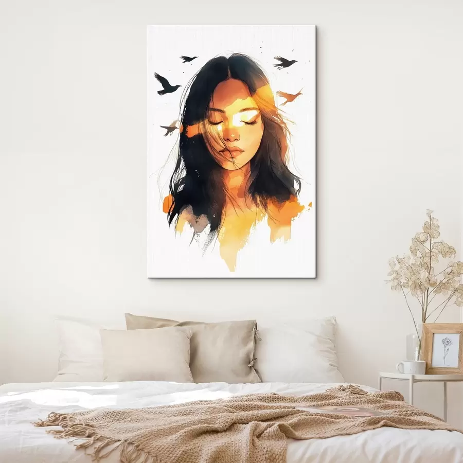 Wandbilder Aquarell-Stil Porträt, schönes Mädchen, Sonnenlicht, fliegende Vögel s42198