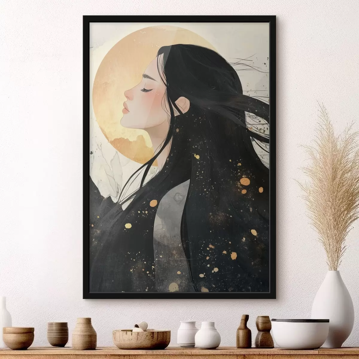 Poster Schönes Mädchen mit dunklem Haar, orientalischer Stil, Sonne f42194