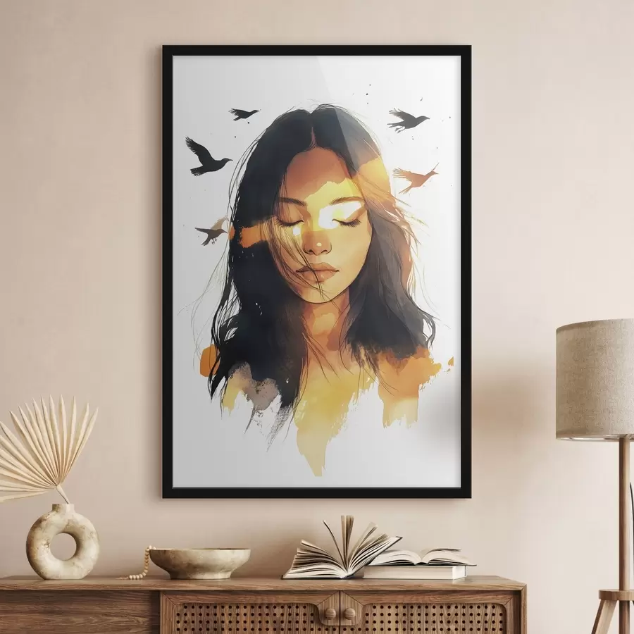 Fototapete Aquarell-Stil Porträt, schönes Mädchen, Sonnenlicht, fliegende Vögel f42198