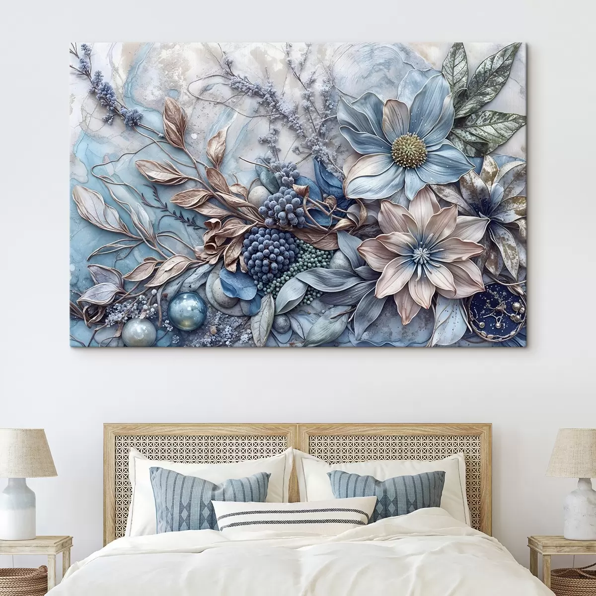 Wandbilder Detaillierte, strukturierte, abstrakte, üppige Blumen mit großen, leuchtend blauen und rosa Blumen, Beeren und anderen botanischen Elementen s42210