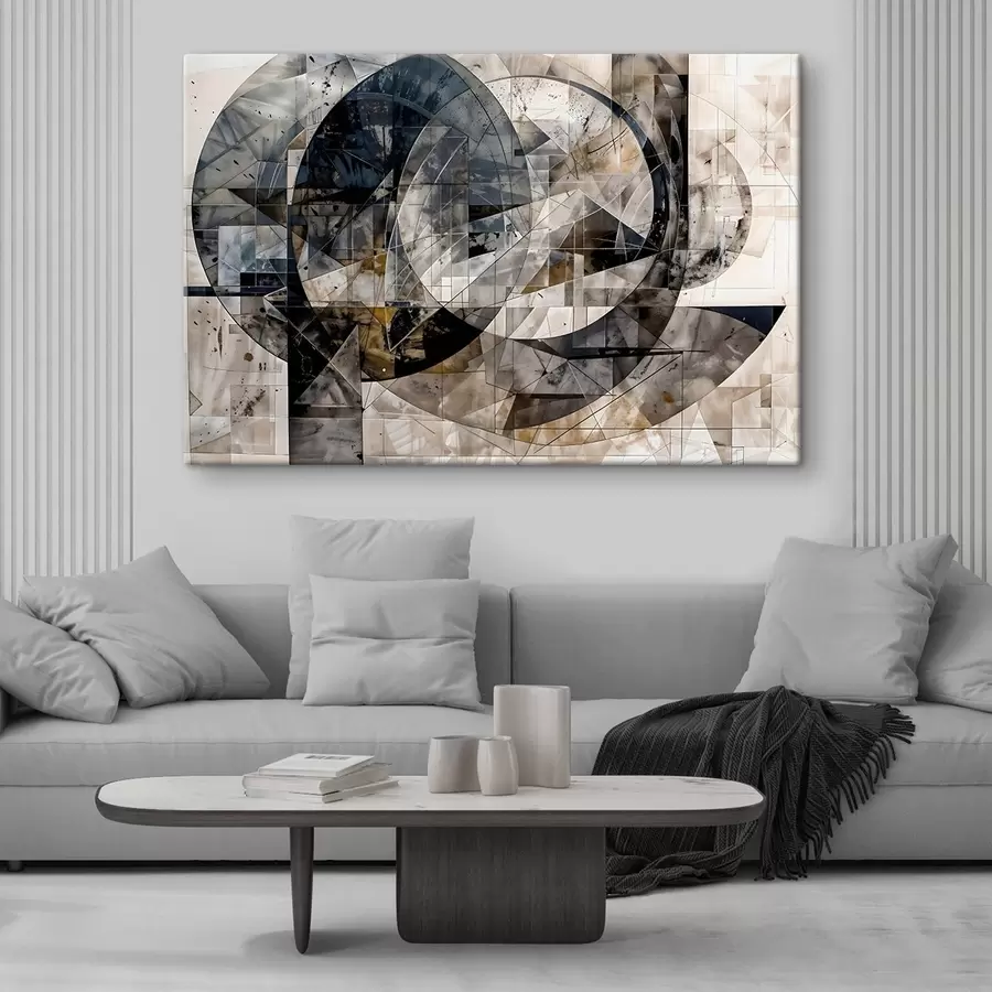 Wandbilder Eine abstrakte moderne geometrische Komposition mit sich überschneidenden Formen und Druck in Grau-, Schwarz- und Beigetönen s42212