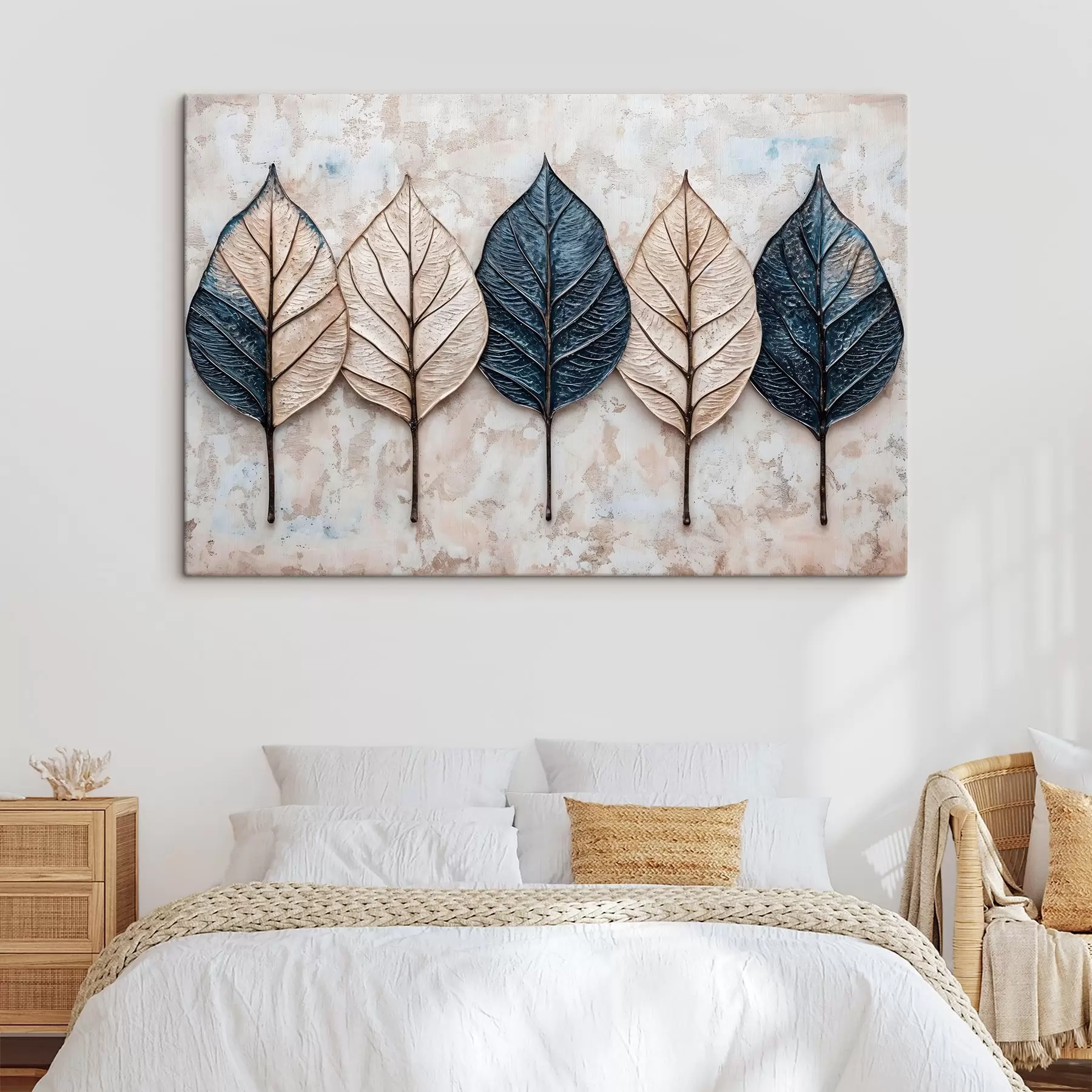 Wandbilder Verschiedene abstrakte Herbstblätter in verschiedenen Braun-, Beige- und Blautönen, die in einer Reihe auf einem hellen Hintergrund angeordnet sind s42217