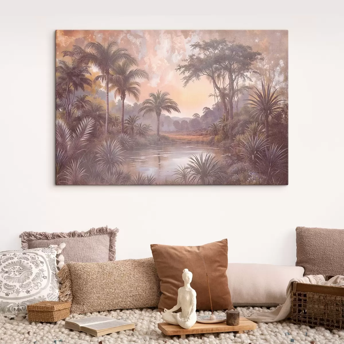 Wandbilder Eine tropisch strukturierte Landschaft mit einem ruhigen See, umgeben von üppigen Palmen und anderem Laub s42219