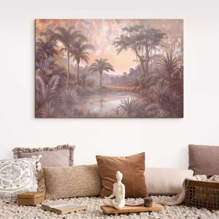 Wandbilder Eine tropisch strukturierte Landschaft mit einem ruhigen See, umgeben von üppigen Palmen und anderem Laub s42219