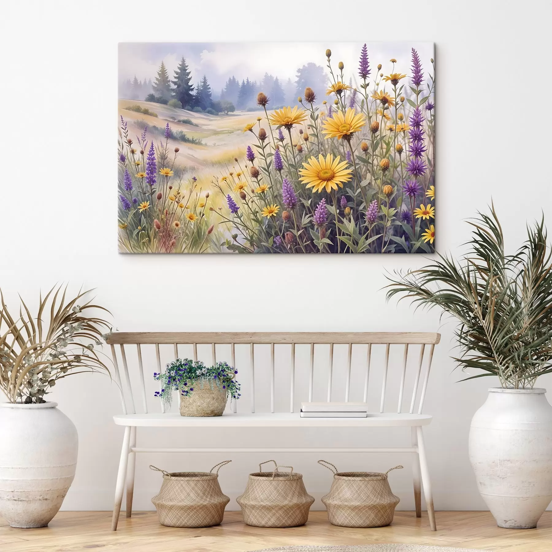 Wandbilder Ein Feld mit gelben Sonnenblumen und lila Wildblumen in einer nebligen Waldlandschaft mit Kiefern im Hintergrund s42223