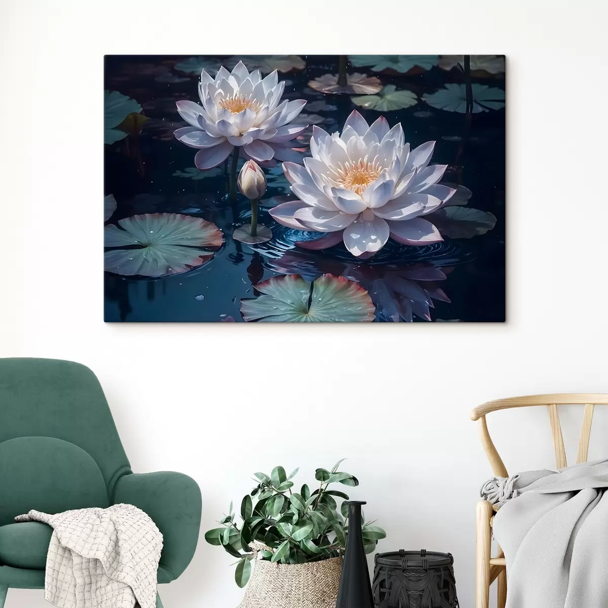 Wandbilder Weiße Lotosblüten schwimmen auf einem ruhigen Teich mit Seerosenblättern s42225