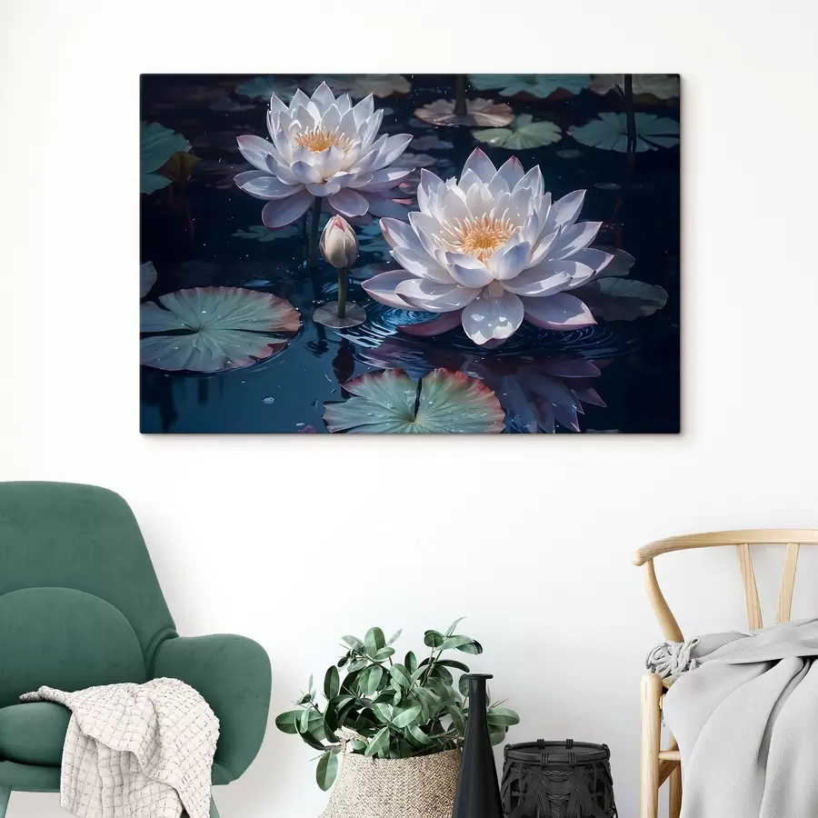 Wandbilder Weiße Lotosblüten schwimmen auf einem ruhigen Teich mit Seerosenblättern s42225
