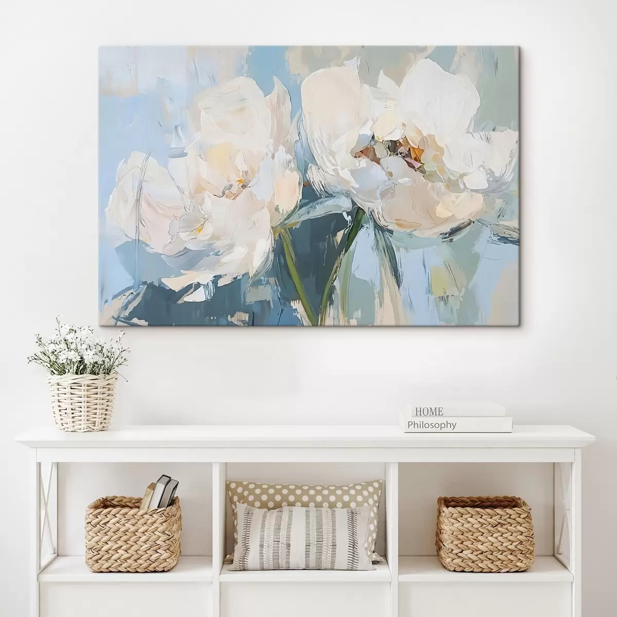 Wandbilder Weiße minimalistische abstrakte Pfingstrosen Ölgemälde Nachahmung gegen einen weichen blauen Hintergrund s42226