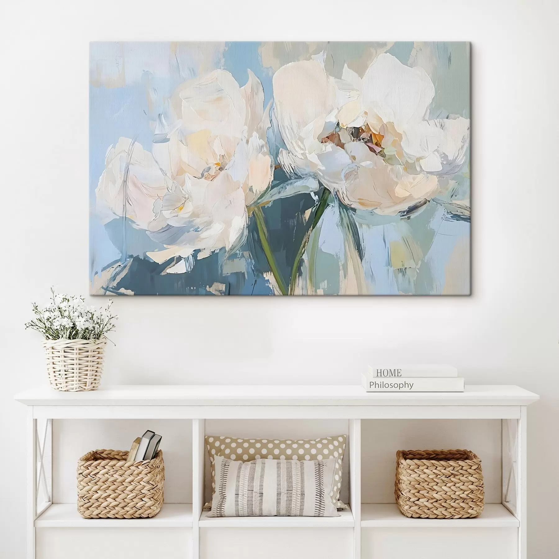 Wandbilder Weiße minimalistische abstrakte Pfingstrosen Ölgemälde Nachahmung gegen einen weichen blauen Hintergrund s42226