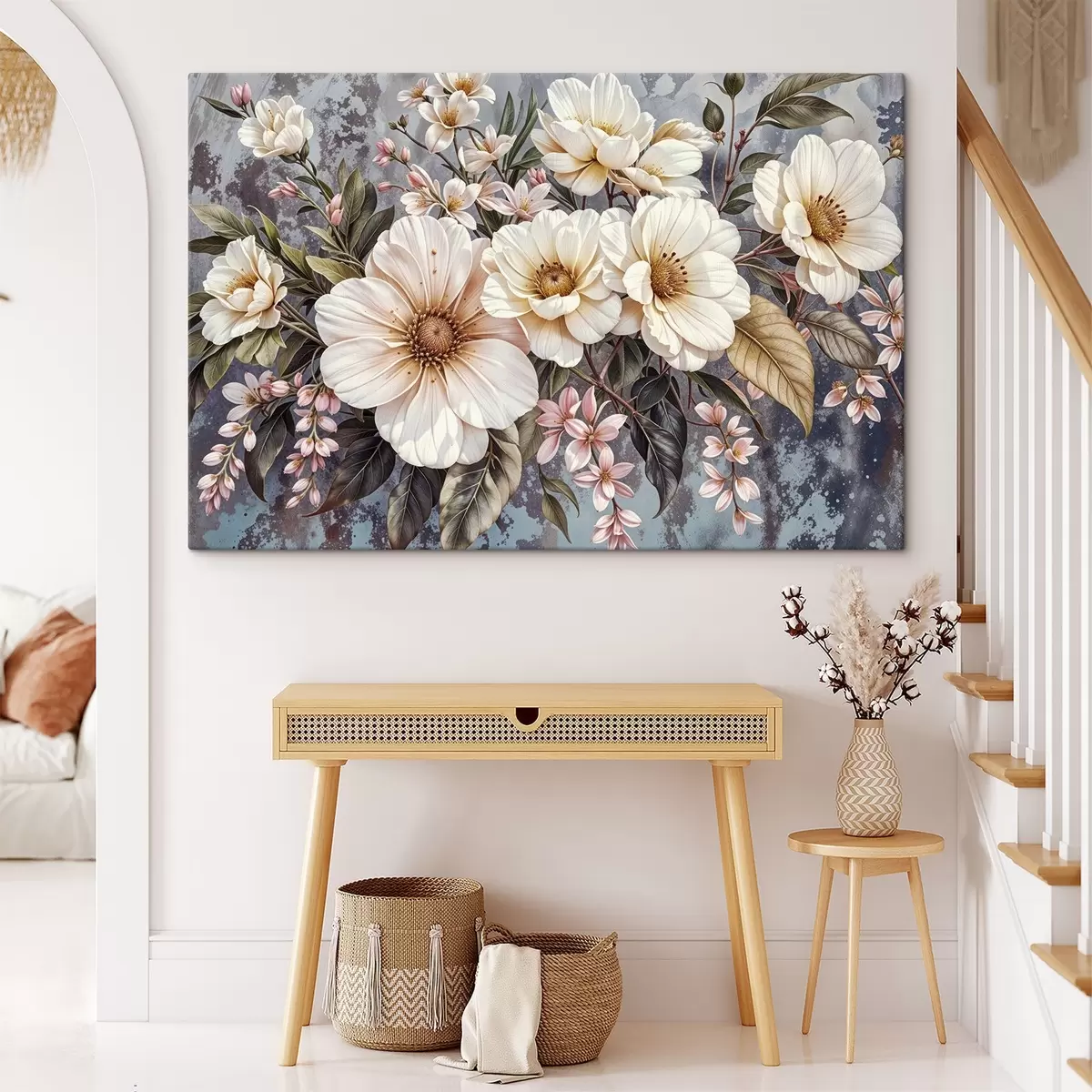 Wandbilder Ein lebhafter Strauß großer, detaillierter weißer und rosafarbener Dahlienblüten mit grünen Blättern vor dunklem Hintergrund s42227