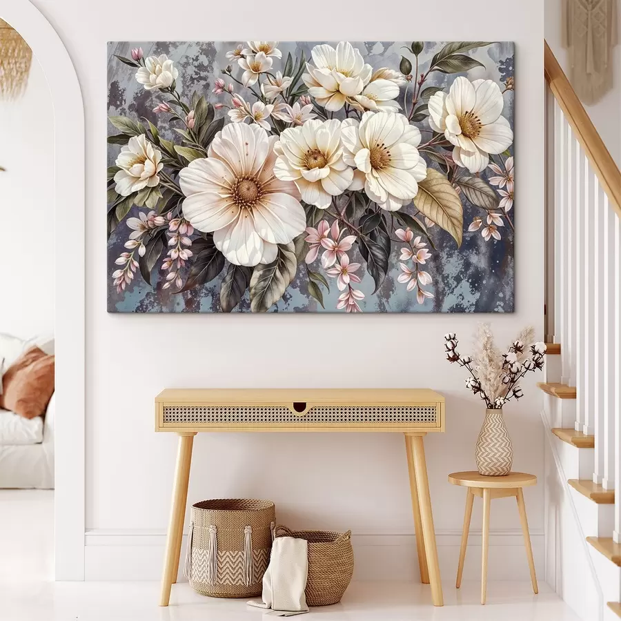 Wandbilder Ein lebhafter Strauß großer, detaillierter weißer und rosafarbener Dahlienblüten mit grünen Blättern vor dunklem Hintergrund s42227