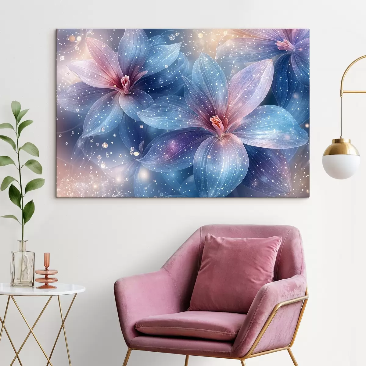 Wandbilder Lebendige und ätherische Blumen mit zarten pastellfarbenen Blütenblättern vor einem verträumten, sternenklaren Hintergrund s42231