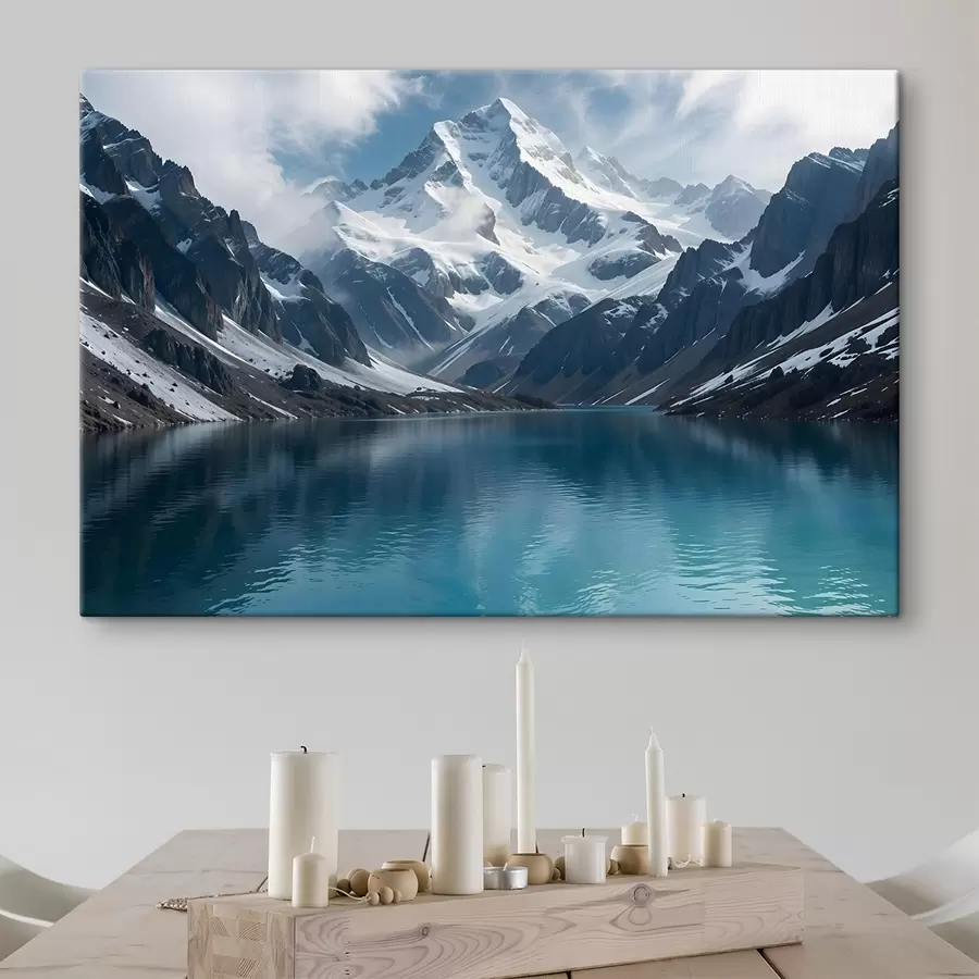 Wandbilder Ein schneebedeckter Berggipfel, der sich in einem ruhigen türkisfarbenen See spiegelt, umgeben von felsigem Gelände und dramatischen Wolken s42232