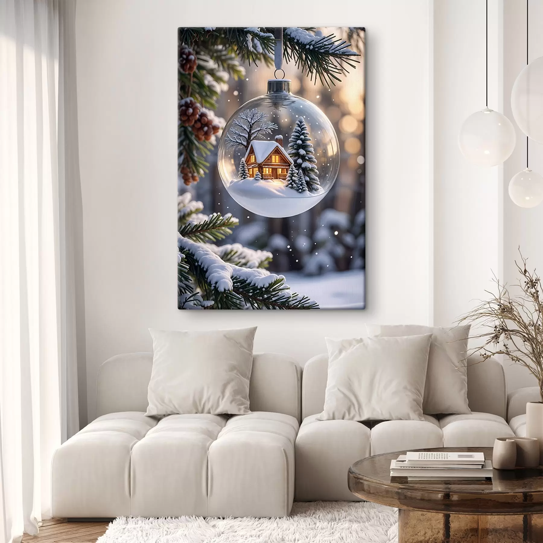 Wandbilder Eine gläserne Weihnachtskugel mit einer verschneiten Winterlandschaft im Inneren, die eine gemütliche Hütte im Wald mit Tannenbäumen zeigt s42236
