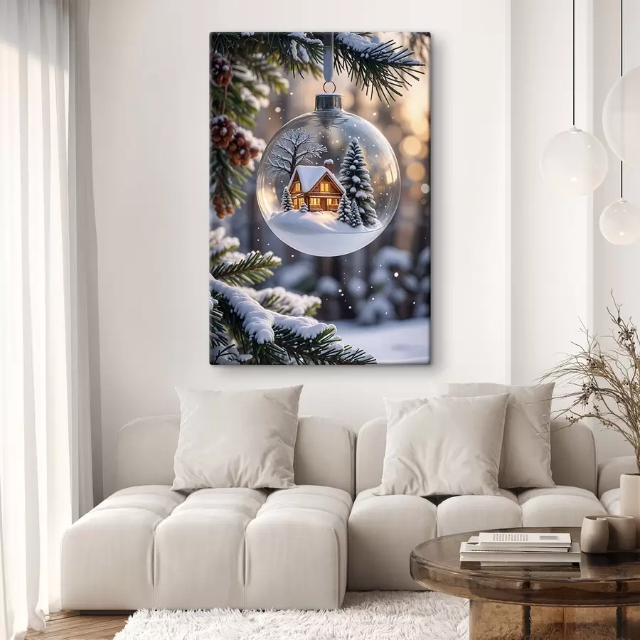 Wandbilder Eine gläserne Weihnachtskugel mit einer verschneiten Winterlandschaft im Inneren, die eine gemütliche Hütte im Wald mit Tannenbäumen zeigt s42236