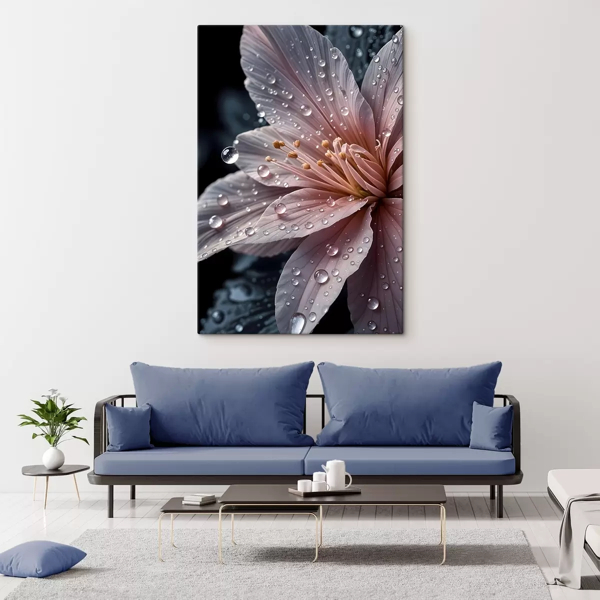 Wandbilder Nahaufnahme einer rosafarbenen Blume mit zarten Blütenblättern, die mit Wassertropfen bedeckt sind, vor einem dunklen Hintergrund s42237